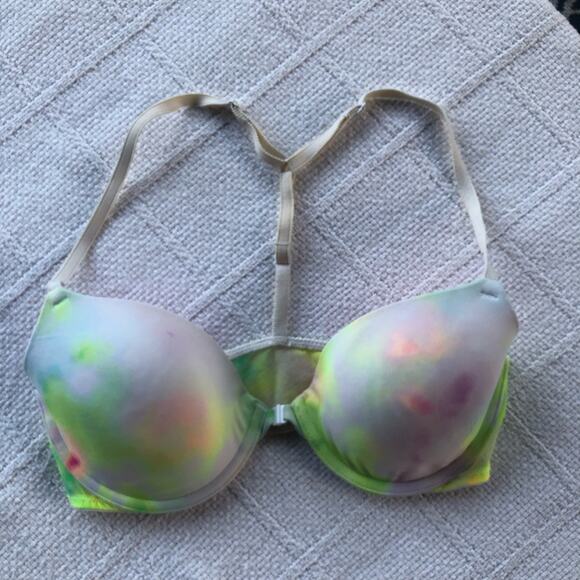 Victoria Secret Pink Racerback Tie Dye Bra Size 32D Front Snap Mesh Back Plunge - Picture 1 of 6